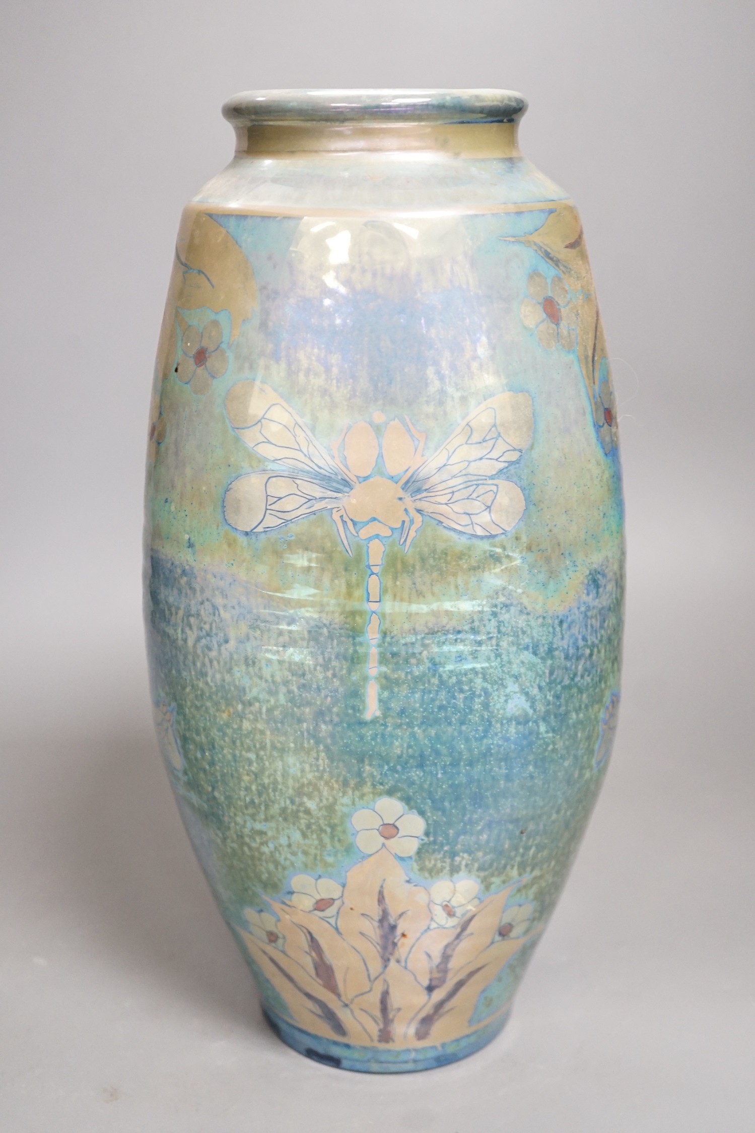 A JCJ (Jonathan Chiswell Jones) lustre pottery vase, decorated with dragonflies Height 29cm
